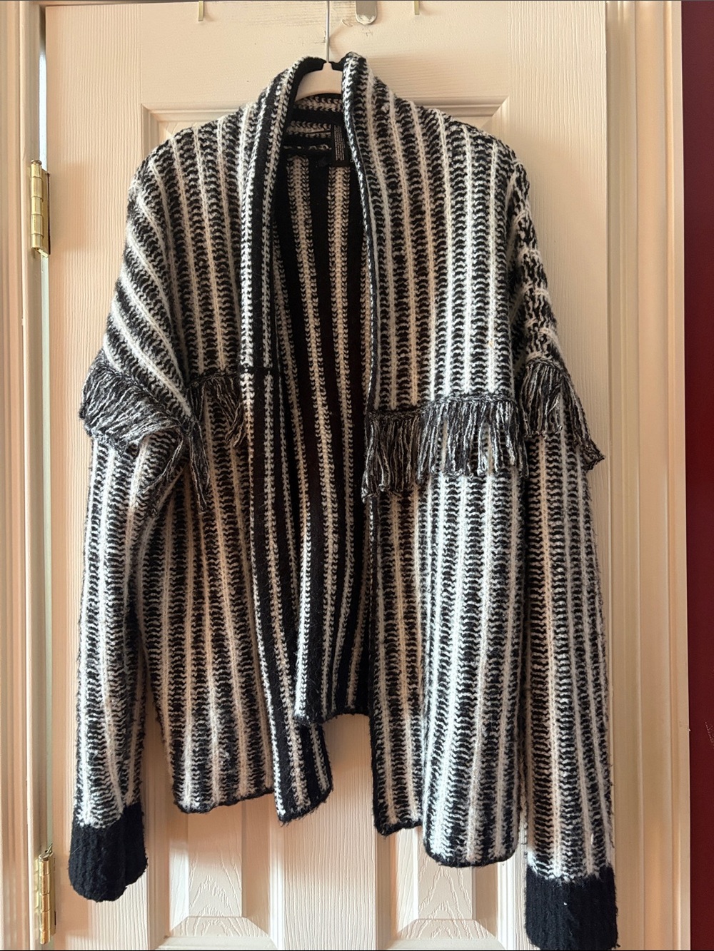 Aqua Black & White Striped Fringe Open-Front Cardigan
